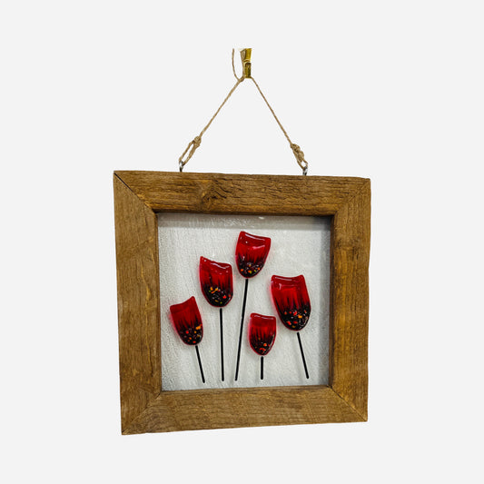 Framed fused glass red tulips