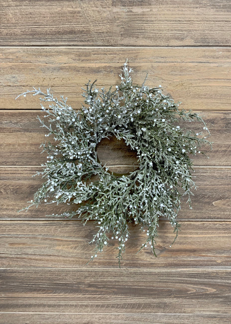 11" glittered cedar & white berries candle ring