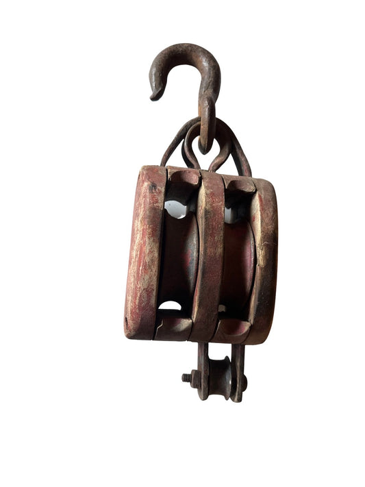 Antique wood block tackle pulley double