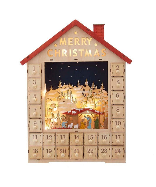 Battery operated LED Advent calendar house nativity